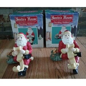 Set of 2 5" Santa's House Christmas 1995 Stocking Holders Hand Painted Cold Cast